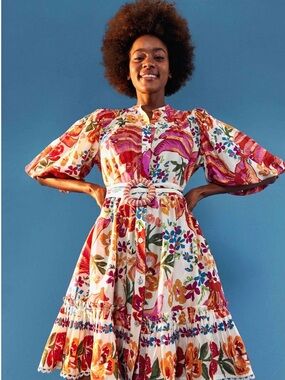 FARM Rio Multicolor Floral Puff-Sleeve Mini Dress